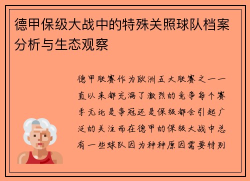 德甲保级大战中的特殊关照球队档案分析与生态观察