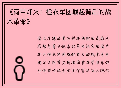 《荷甲烽火：橙衣军团崛起背后的战术革命》